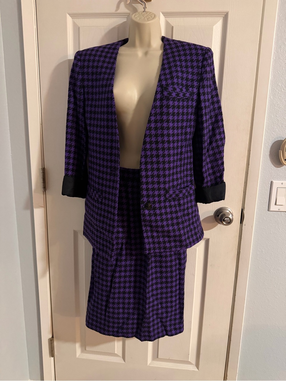 Vintage Purple Houndstooth Wool Skirt Suit Set